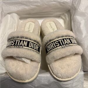 Dior Cream and Black Fuzzy Sandals